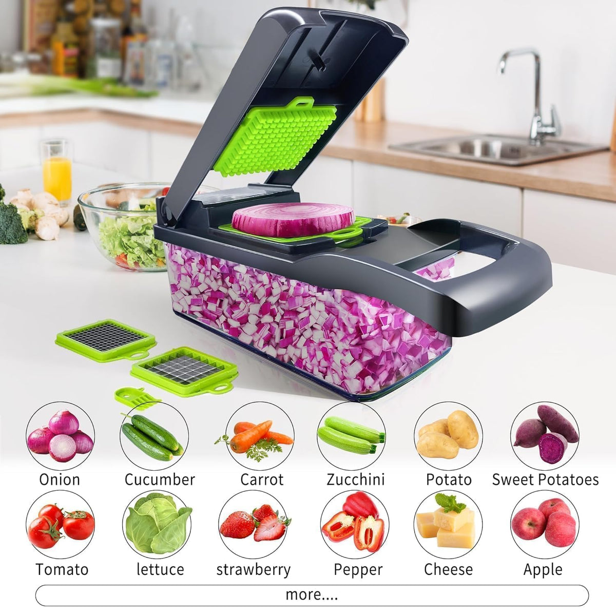 HUPLA 16-in-1 Multifunction Vegetable Chopper & Slicer with Container | Manual Veggie Cutter, Dicer, Grater, Julienne Slicer & Peeler | Kitchen Food Preparation Tool – Black & Green