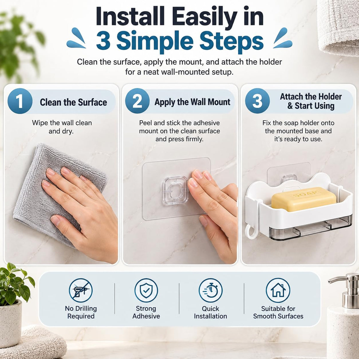 HUPLA Wall Mounted Soap Holder with Side Hook & Water Collection Tray | No-Drill Bathroom Soap Dish Organizer with Transparent Drainage Box | White – 1 Piece