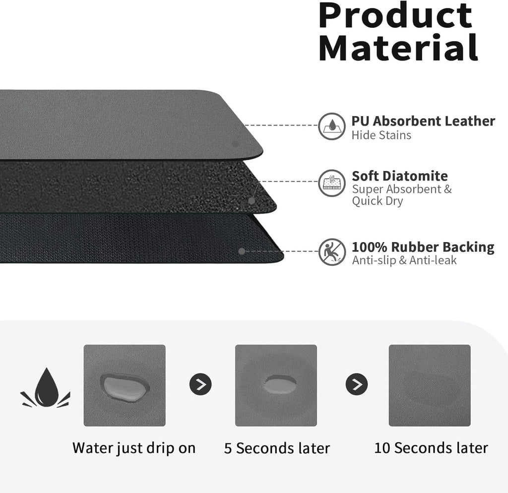 HUPLA Super Absorbent Dish Drying Mat 30 × 40 cm | Non-Slip Kitchen Countertop Drying Mat for Plates, Glasses, Cups & Utensils | Rollable & Reusable – Black