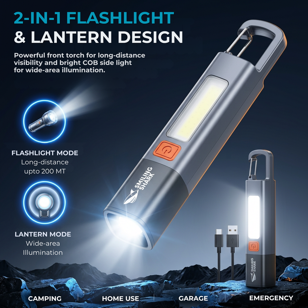 Rechargeable LED Flashlight with COB Side Light | Zoomable Torch Light | IPX7 Waterproof | USB Type-C Charging | Camping, Emergency & Work Light