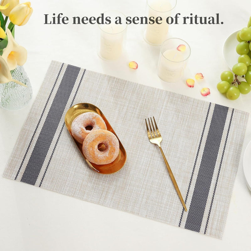 HUPLA Premium Dining Table Placemat 30 × 45 cm | Woven-Style Table Mat with Blue Stripes | Easy-to-Clean Kitchen & Dining Table Mat – Beige & Navy Blue, 1 Pc