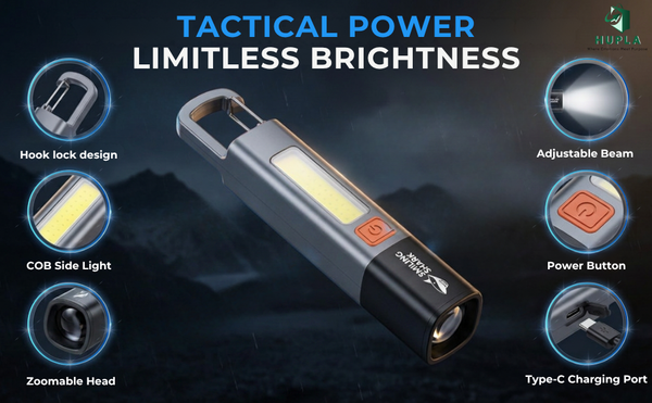 Rechargeable LED Flashlight with COB Side Light | Zoomable Torch Light | IPX7 Waterproof | USB Type-C Charging | Camping, Emergency & Work Light | No Warranty or Guarantee Available