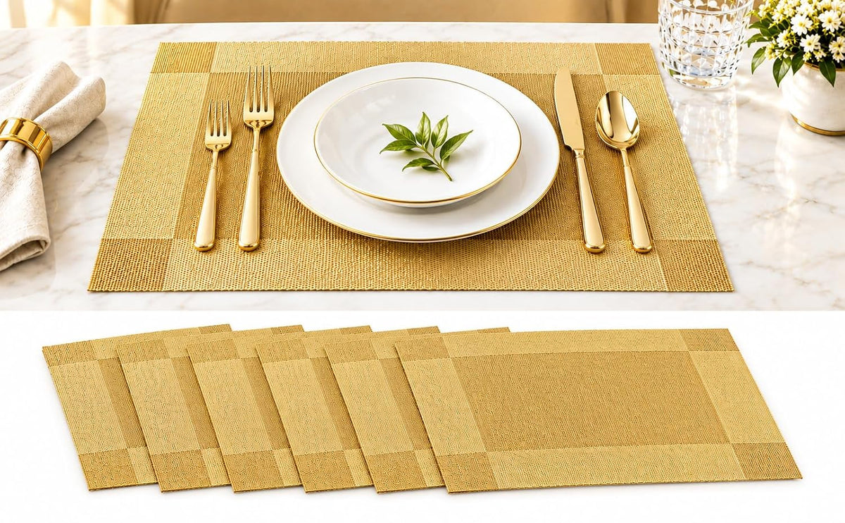 HUPLA Premium Golden Dining Table Placemat 30 × 45 cm | Elegant Woven-Style Table Mat for Dining, Kitchen & Home Décor | Flexible, Reusable & Easy to Clean – Gold