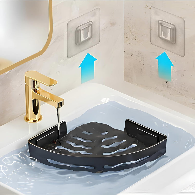 HUPLA Wall Mounted Corner Bathroom Shelf with Hooks & Drainage | Space-Saving Shower Caddy Organizer for Shampoo, Soap & Toiletries | Black
