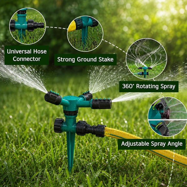 HUPLA 3-Arm Rotating Garden Sprinkler | 360° Lawn Water Sprinkler with Ground Spike for Garden, Plants & Irrigation
