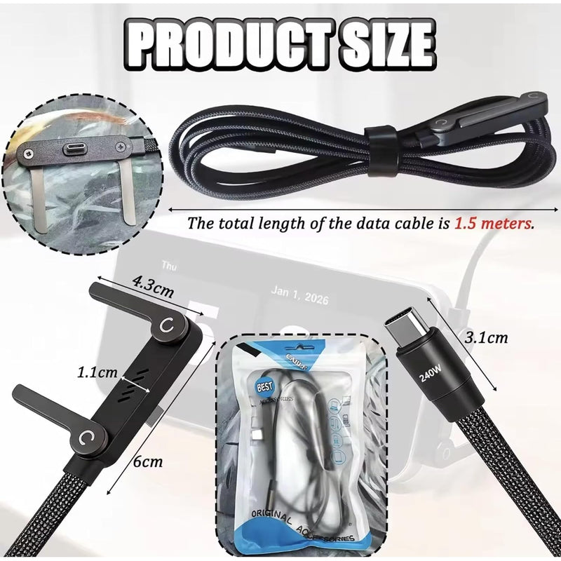 HUPLA 240W USB Type-C Fast Charging Cable with Built-in Foldable Mobile Stand | Braided USB-C to USB-C Charging & Data Cable | Black – 1 Pc