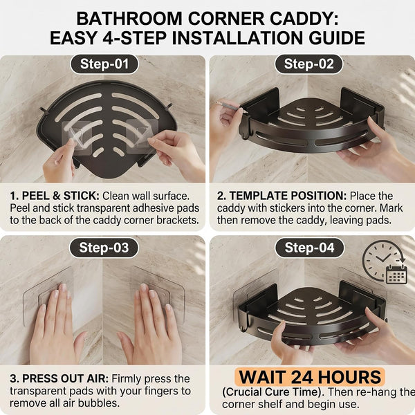 HUPLA Wall Mounted Corner Bathroom Shelf with Hooks & Drainage | Space-Saving Shower Caddy Organizer for Shampoo, Soap & Toiletries | Black