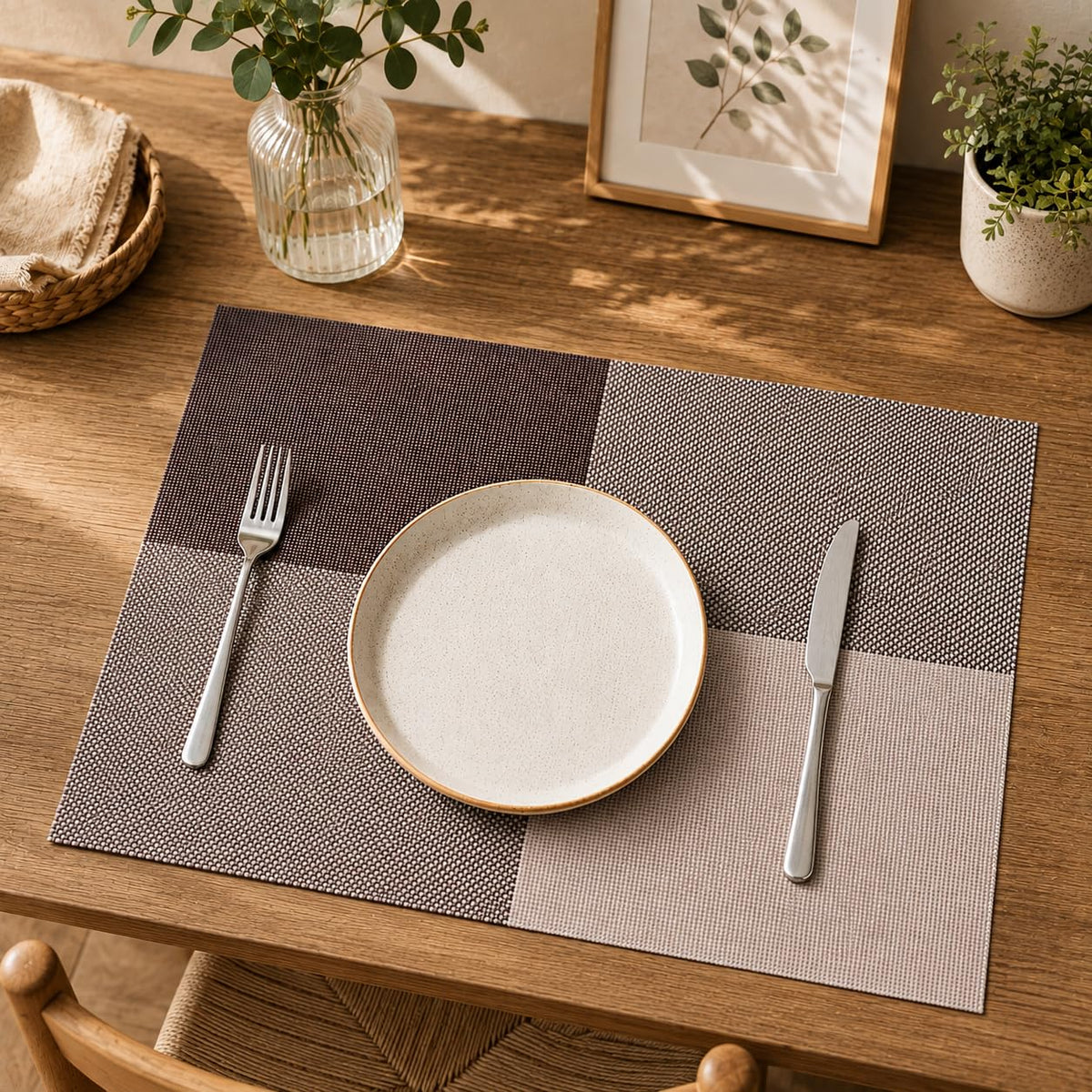 HUPLA Dining Table Placemats Premium Woven-Style PVC Table Mats for Dining, Kitchen & Home | Non-Slip, Flexible & Easy to Clean – Brown & Beige