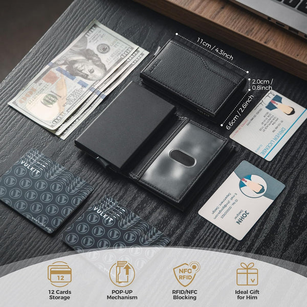 HUPLA Automatic Pop-Up Card Holder for Men | Slim RFID-Style Card Wallet with Push Button | Black Carbon Fibre Pattern Card Case
