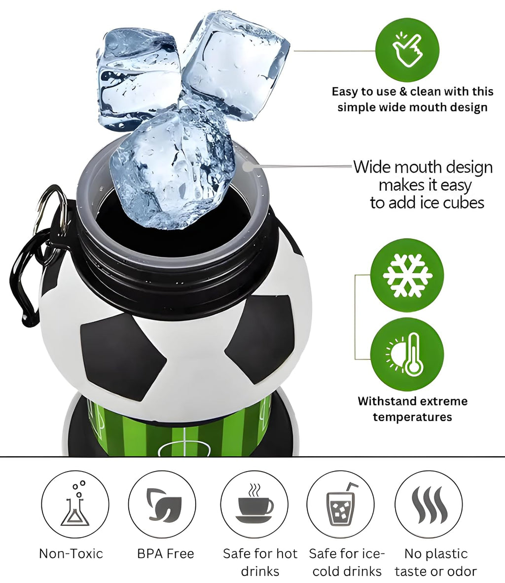 HUPLA Football Design Collapsible Silicone Water Bottle for Kids | Foldable Sports Drinking Bottle with Sipper Spout & Carabiner Clip | Portable Water Bottle for School, Football, Travel & Outdoor Activities – Black, White & Green