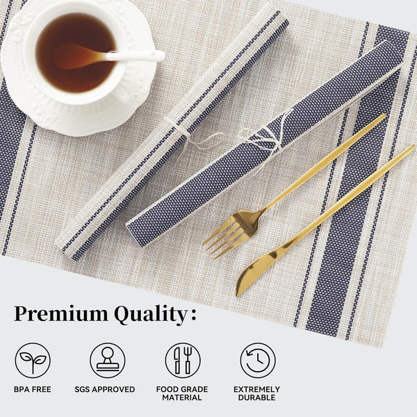 HUPLA Premium Dining Table Placemat 30 × 45 cm | Woven-Style Table Mat with Blue Stripes | Easy-to-Clean Kitchen & Dining Table Mat – Beige & Navy Blue, 1 Pc
