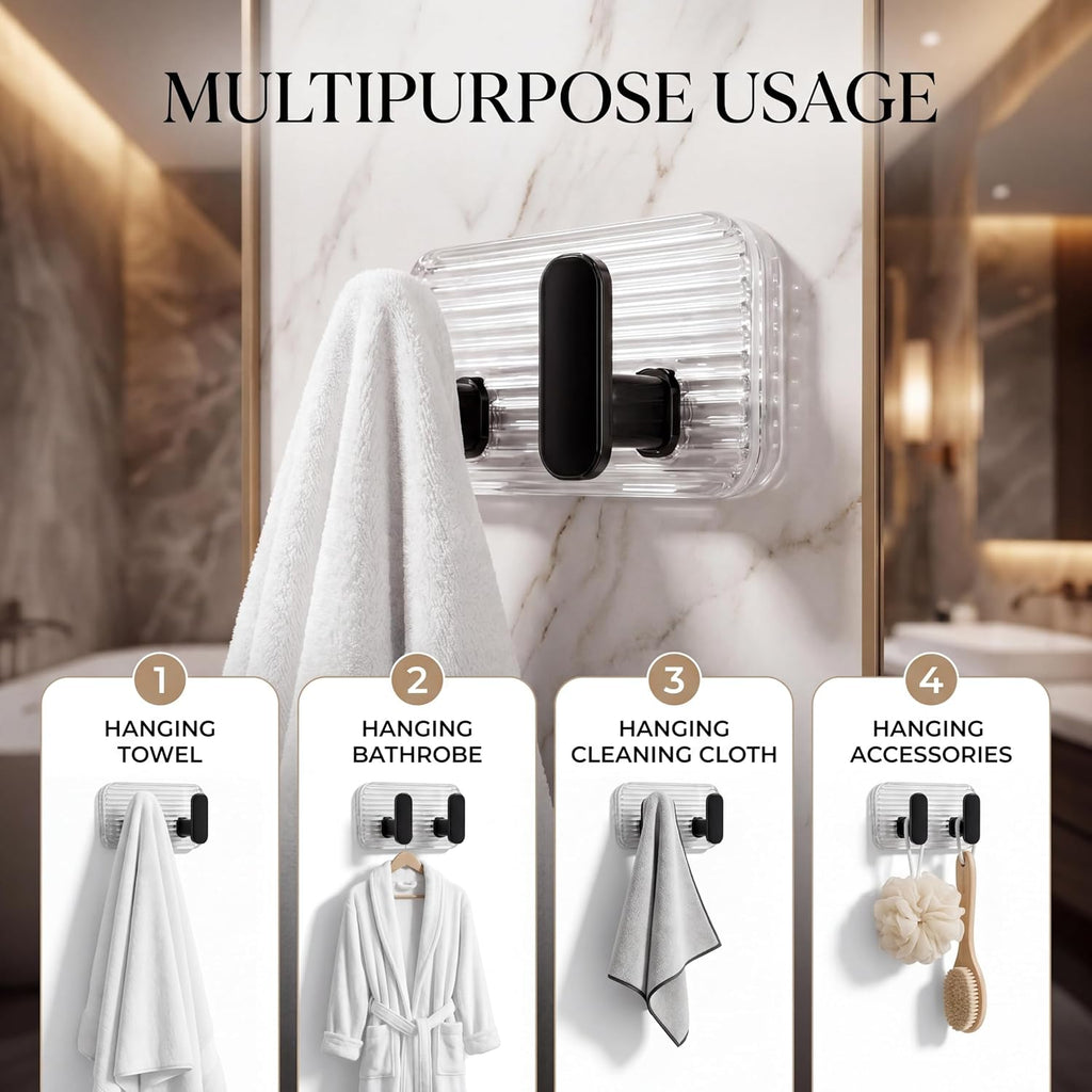 HUPLA Transparent Double Wall Hook | Self-Adhesive No-Drill Wall-Mounted Hanger with 2 Black Hooks for Towels, Loofahs, Keys & Accessories – Single Piece