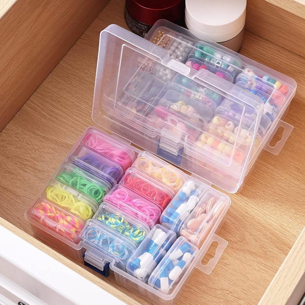 HUPLA Transparent Multipurpose Storage Organizer Box with Lid & Mini Containers | Plastic Compartment Storage Case for Jewellery, Beads, Sewing Accessories & Small Items | Blue Locking Clip