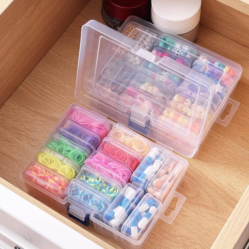 HUPLA Transparent Multipurpose Storage Organizer Box with Lid & Mini Containers | Plastic Compartment Storage Case for Jewellery, Beads, Sewing Accessories & Small Items | Blue Locking Clip