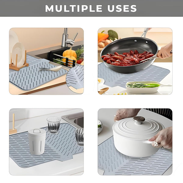 HUPLA Kitchen Sink Draining Mat with Water Drain Spout | Large Dish Drying Mat for Plates, Cups, Glasses & Utensils | Countertop Water Drainage Mat – Grey