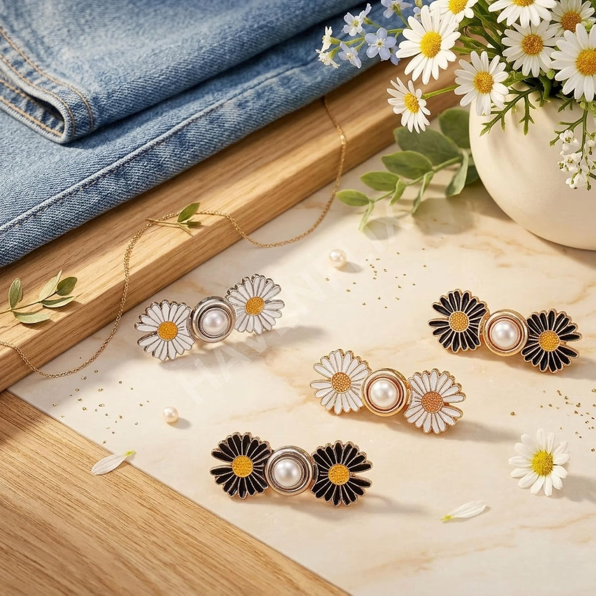 Daisy Flower Jeans Waist Button Set – Black & White Decorative Adjustable Waist Buttons for Jeans, Pants & Skirts | Pack of 2