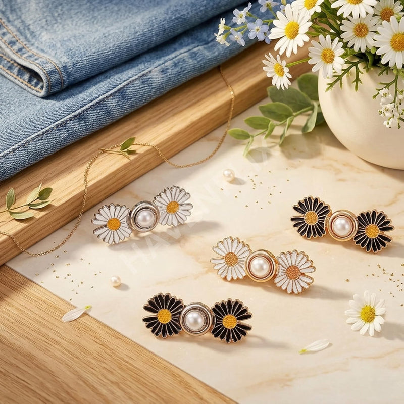 Daisy Flower Jeans Waist Button Set – Black & White Decorative Adjustable Waist Buttons for Jeans, Pants & Skirts | Pack of 2