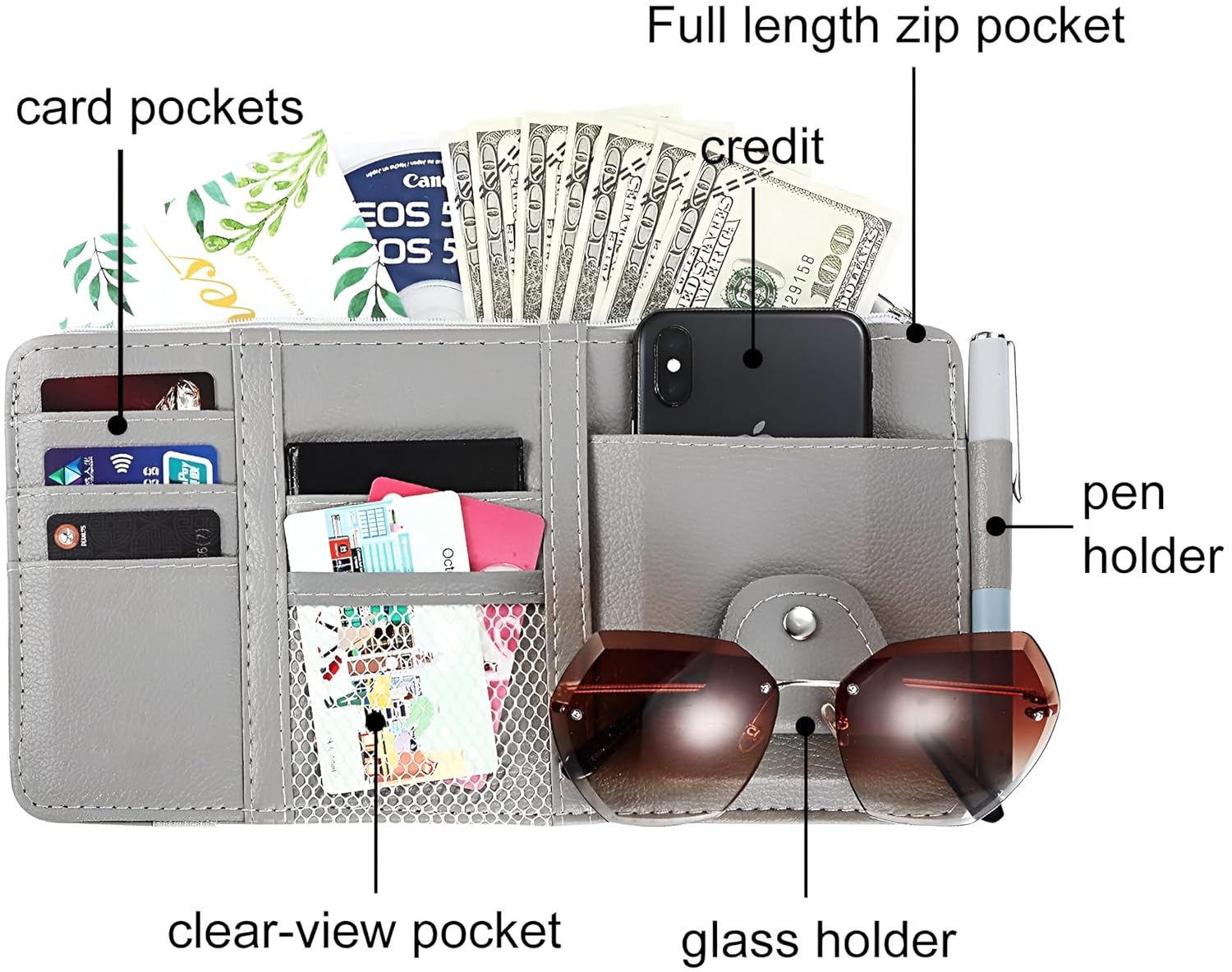 HUPLA Premium Car Sun Visor Organizer | PU Leather Auto Document Holder | Multi-Pocket Car Storage Organizer for Cards, Phone, Glasses, Pen & Documents | Universal Car Interior Accessory | Beige HUPLA Premium Car Sun Visor Organizer