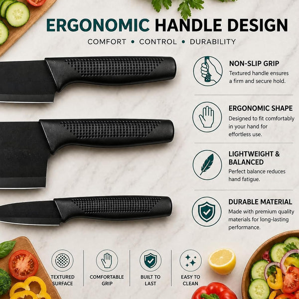 HUPLA 3-Piece Stainless Steel Kitchen Knife Set | Black Coated Cleaver, Chef Knife & Paring Knife with Ergonomic Non-Slip Handles | Multipurpose Vegetable, Fruit & Meat Cutting Knives