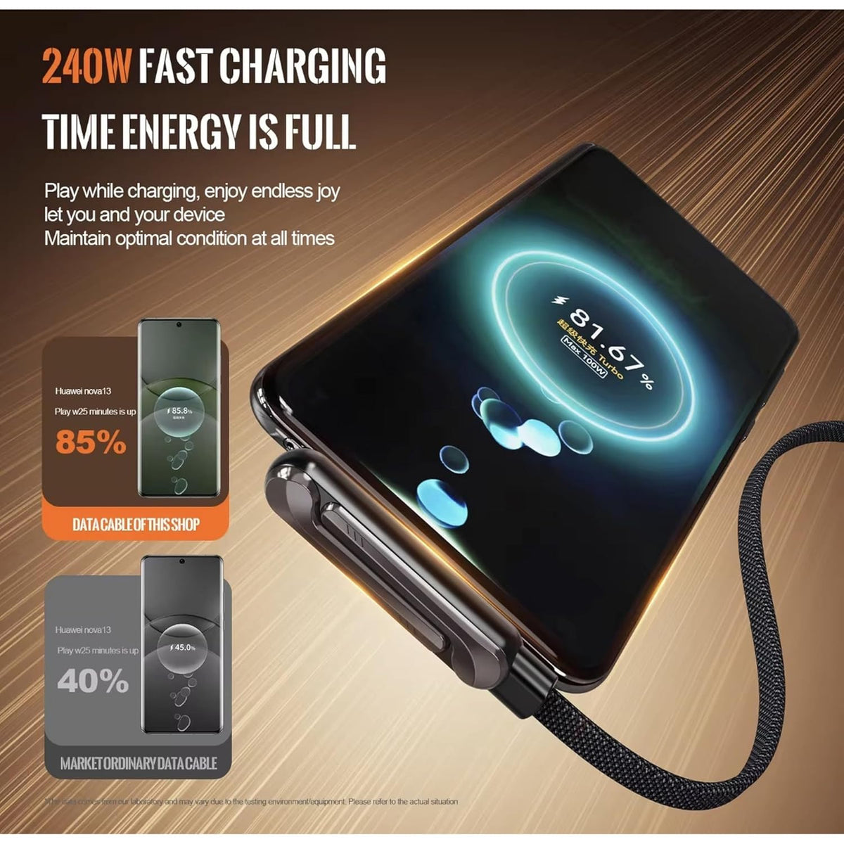 HUPLA 240W USB Type-C Fast Charging Cable with Built-in Foldable Mobile Stand | Braided USB-C to USB-C Charging & Data Cable | Black – 1 Pc