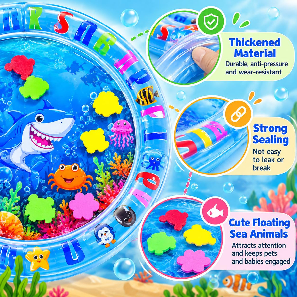 HUPLA Inflatable Baby Tummy Time Water Play Mat | Sensory Activity Mat with Floating Sea Animals for Infants | Blue