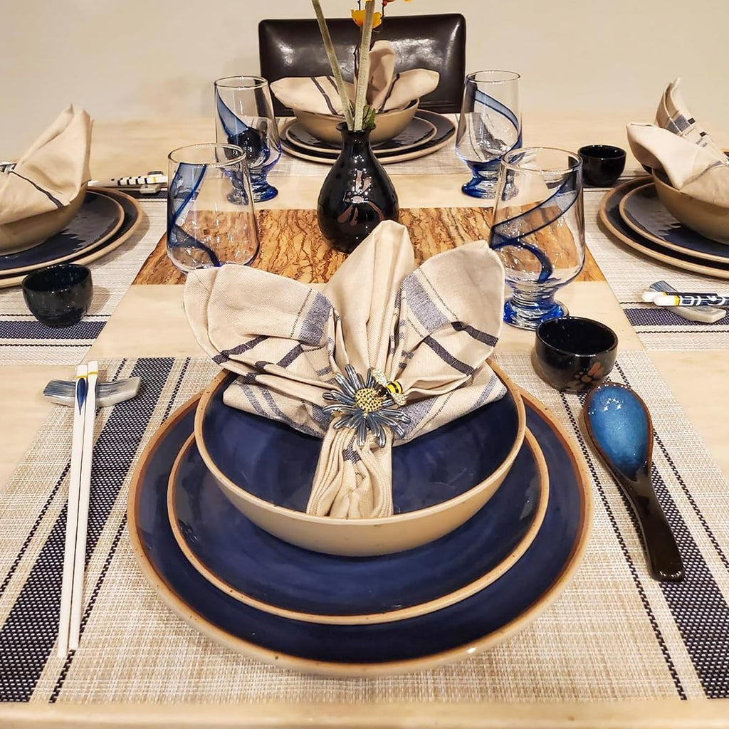 HUPLA Premium Dining Table Placemat 30 × 45 cm | Woven-Style Table Mat with Blue Stripes | Easy-to-Clean Kitchen & Dining Table Mat – Beige & Navy Blue, 1 Pc