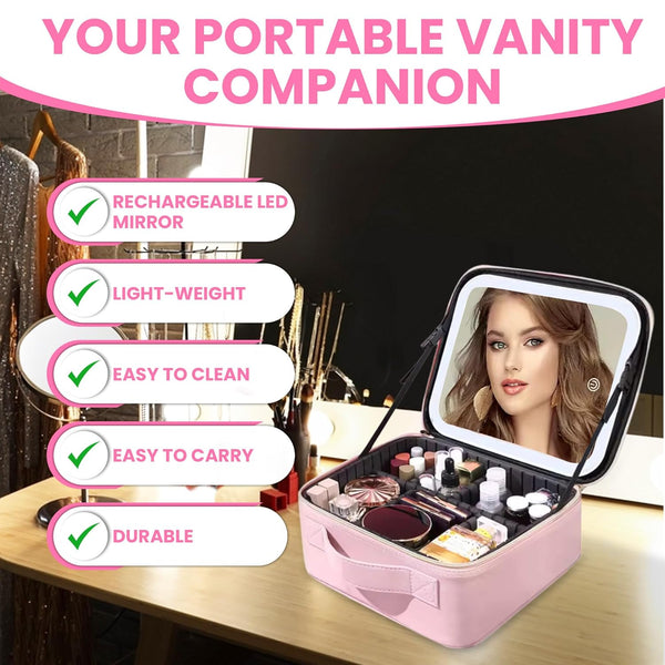 Professional Makeup Organizer Case with LED Mirror | Portable Cosmetic Storage Box with Adjustable Compartments & Brush Holder