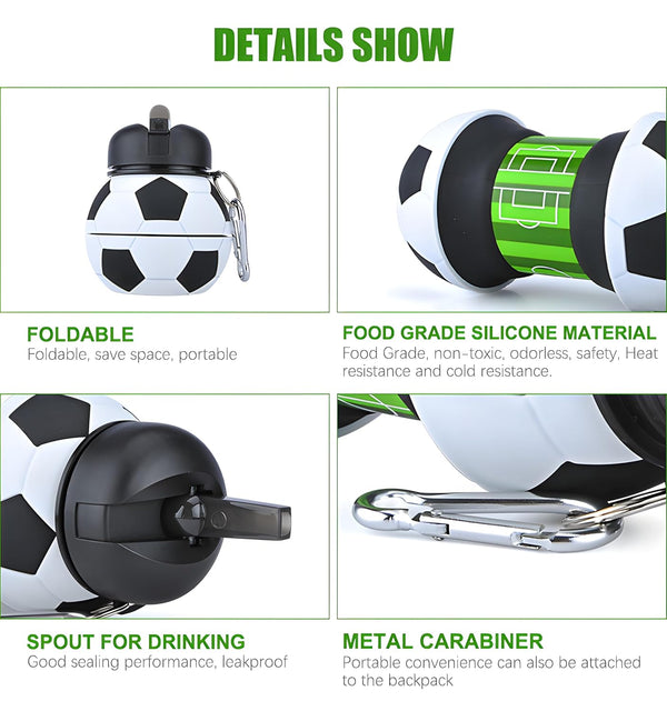 HUPLA Football Design Collapsible Silicone Water Bottle for Kids | Foldable Sports Drinking Bottle with Sipper Spout & Carabiner Clip | Portable Water Bottle for School, Football, Travel & Outdoor Activities – Black, White & Green