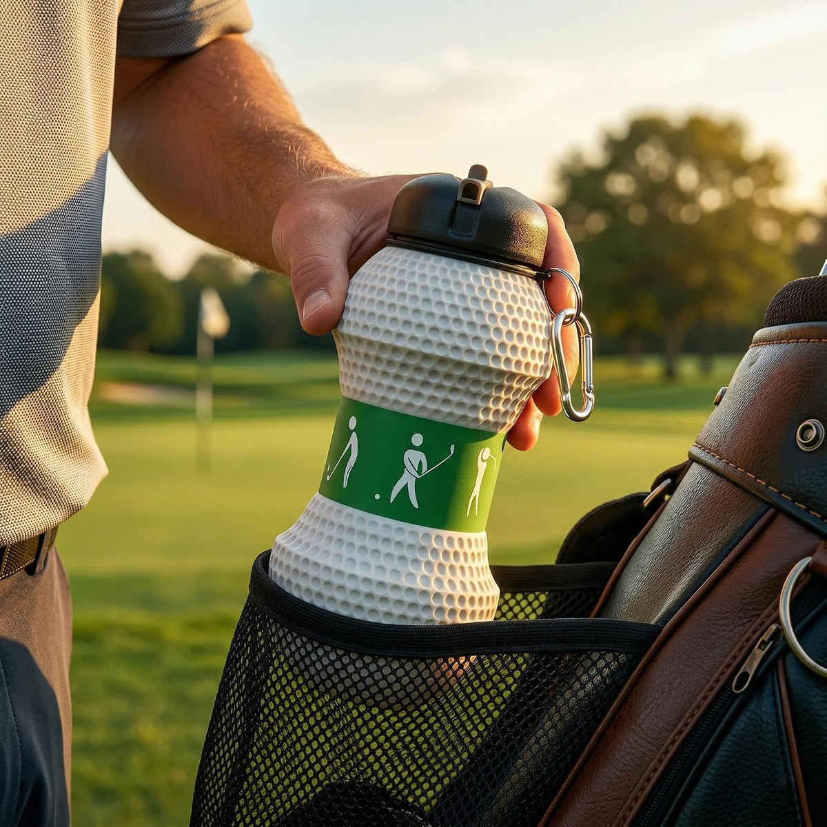 HUPLA Golf Ball Design Sports Water Bottle with Carabiner Clip | Portable Reusable Drinking Bottle with Textured Golf Ball Pattern for Golf, Gym, Travel & Outdoor Activities – White & Green