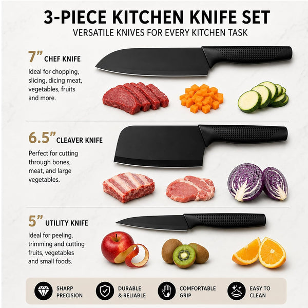 HUPLA 3-Piece Stainless Steel Kitchen Knife Set | Black Coated Cleaver, Chef Knife & Paring Knife with Ergonomic Non-Slip Handles | Multipurpose Vegetable, Fruit & Meat Cutting Knives