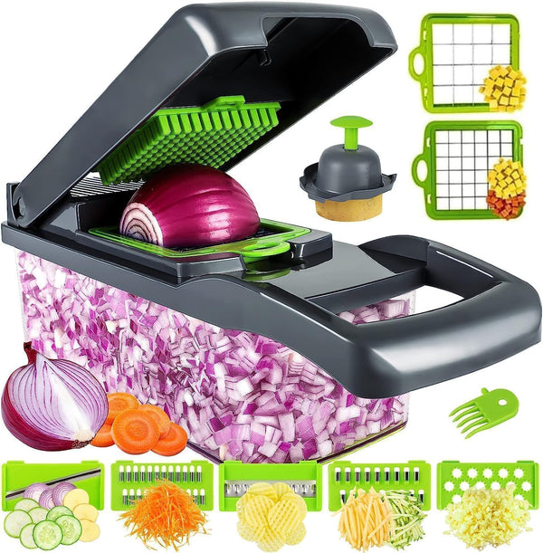 HUPLA 16-in-1 Multifunction Vegetable Chopper & Slicer with Container | Manual Veggie Cutter, Dicer, Grater, Julienne Slicer & Peeler | Kitchen Food Preparation Tool – Black & Green