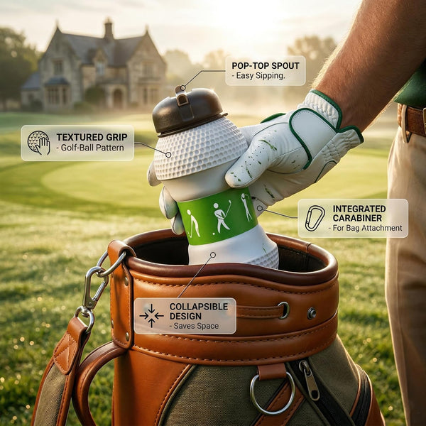 HUPLA Golf Ball Design Sports Water Bottle with Carabiner Clip | Portable Reusable Drinking Bottle with Textured Golf Ball Pattern for Golf, Gym, Travel & Outdoor Activities – White & Green
