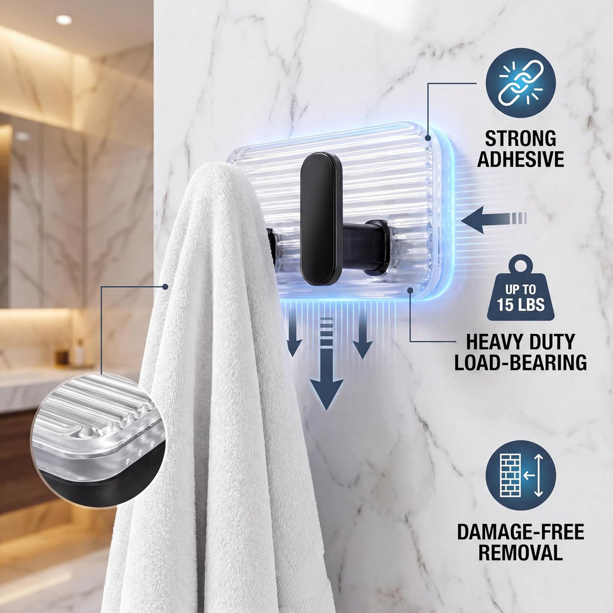 HUPLA Transparent Double Wall Hook | Self-Adhesive No-Drill Wall-Mounted Hanger with 2 Black Hooks for Towels, Loofahs, Keys & Accessories – Single Piece