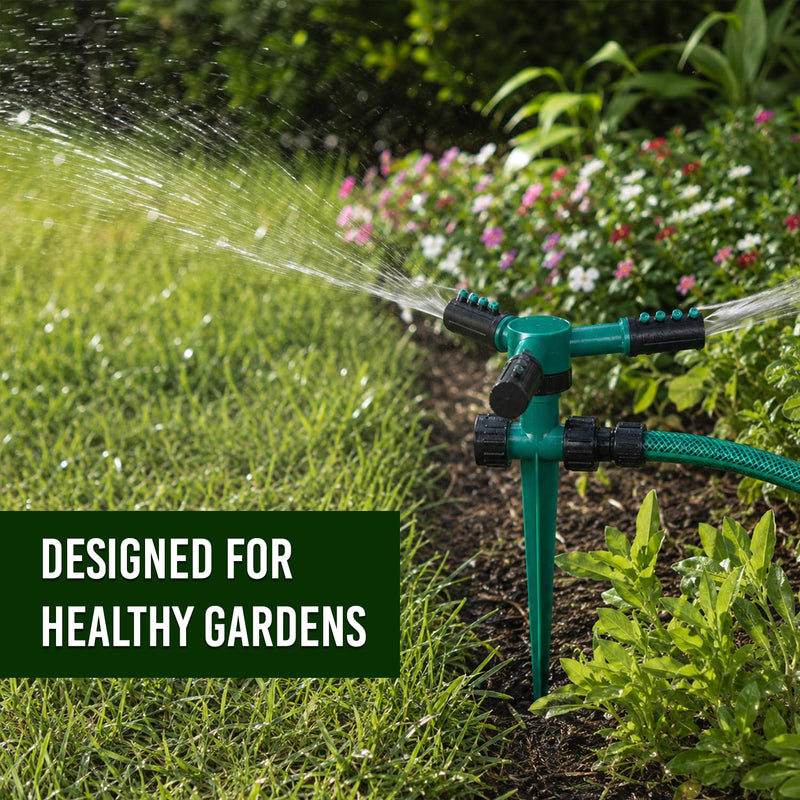 HUPLA 3-Arm Rotating Garden Sprinkler | 360° Lawn Water Sprinkler with Ground Spike for Garden, Plants & Irrigation