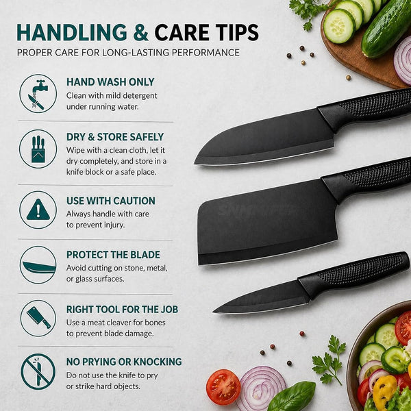 HUPLA 3-Piece Stainless Steel Kitchen Knife Set | Black Coated Cleaver, Chef Knife & Paring Knife with Ergonomic Non-Slip Handles | Multipurpose Vegetable, Fruit & Meat Cutting Knives