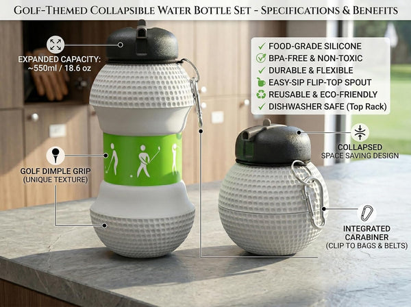 HUPLA Golf Ball Design Sports Water Bottle with Carabiner Clip | Portable Reusable Drinking Bottle with Textured Golf Ball Pattern for Golf, Gym, Travel & Outdoor Activities – White & Green
