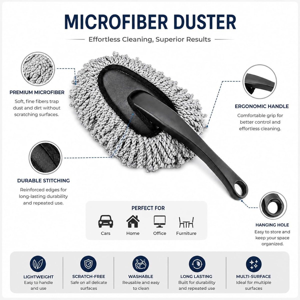Microfiber Car Cleaning Duster Brush – Round Chenille Dusting Mop with Ergonomic Handle for Car Interior & Home Cleaning