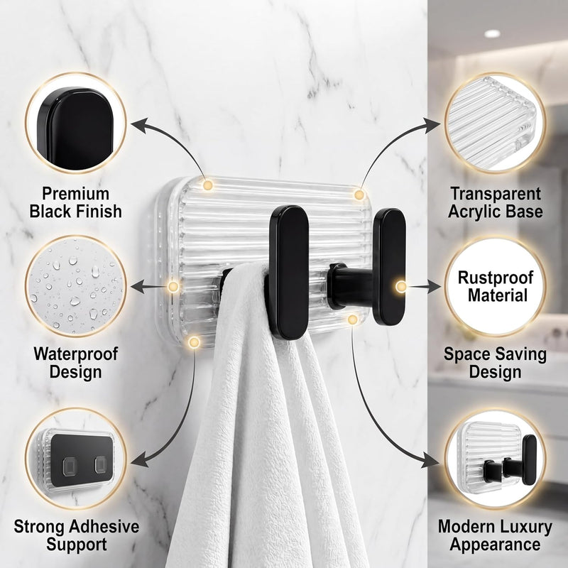 HUPLA Transparent Double Wall Hook | Self-Adhesive No-Drill Wall-Mounted Hanger with 2 Black Hooks for Towels, Loofahs, Keys & Accessories – Single Piece