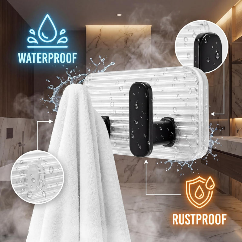 HUPLA Transparent Double Wall Hook | Self-Adhesive No-Drill Wall-Mounted Hanger with 2 Black Hooks for Towels, Loofahs, Keys & Accessories – Single Piece