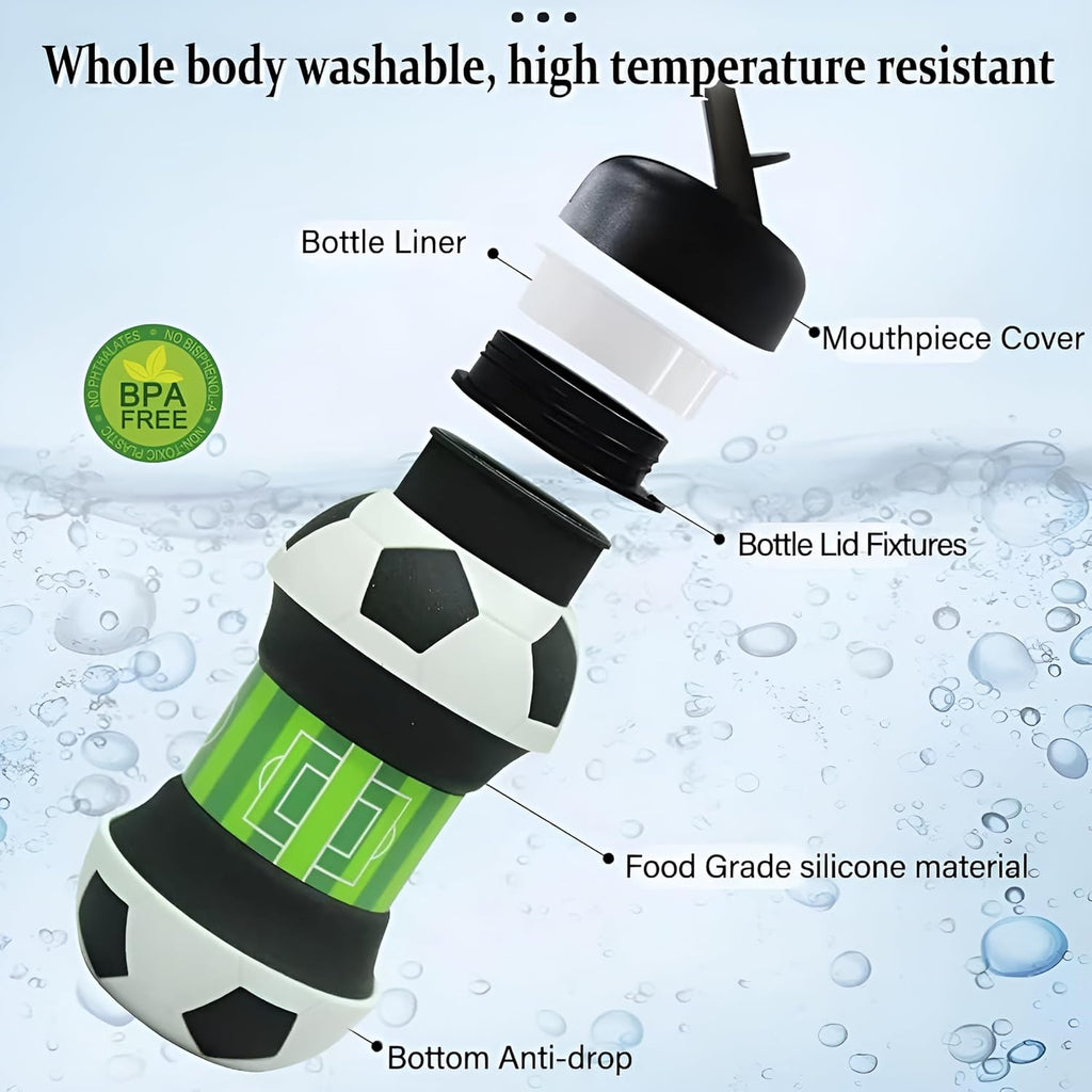 HUPLA Football Design Collapsible Silicone Water Bottle for Kids | Foldable Sports Drinking Bottle with Sipper Spout & Carabiner Clip | Portable Water Bottle for School, Football, Travel & Outdoor Activities – Black, White & Green