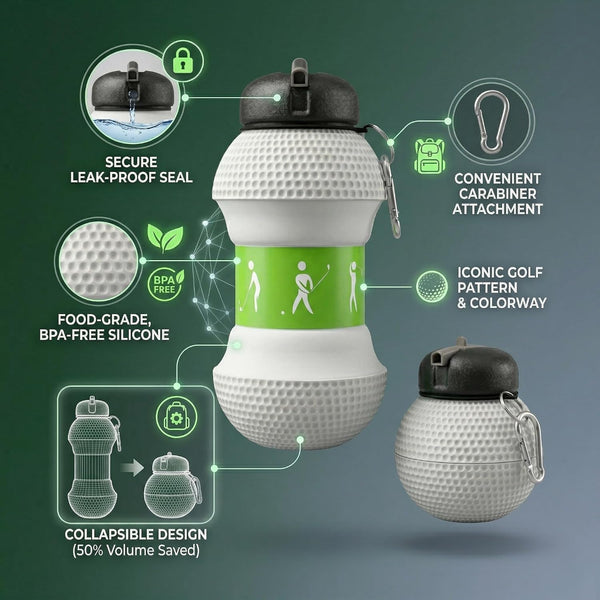 HUPLA Golf Ball Design Sports Water Bottle with Carabiner Clip | Portable Reusable Drinking Bottle with Textured Golf Ball Pattern for Golf, Gym, Travel & Outdoor Activities – White & Green