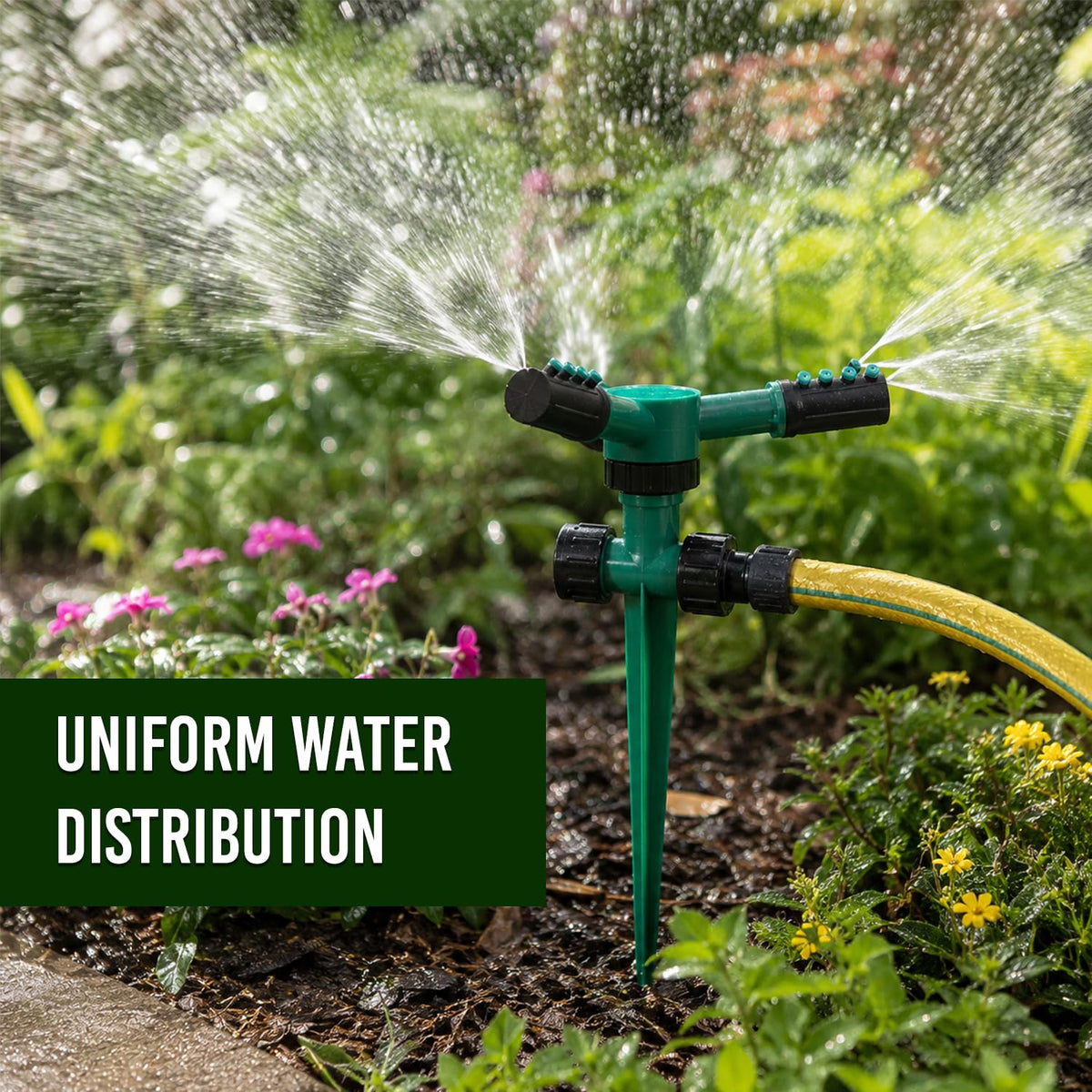 HUPLA 3-Arm Rotating Garden Sprinkler | 360° Lawn Water Sprinkler with Ground Spike for Garden, Plants & Irrigation