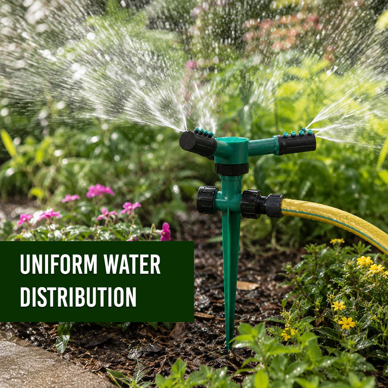 HUPLA 3-Arm Rotating Garden Sprinkler | 360° Lawn Water Sprinkler with Ground Spike for Garden, Plants & Irrigation
