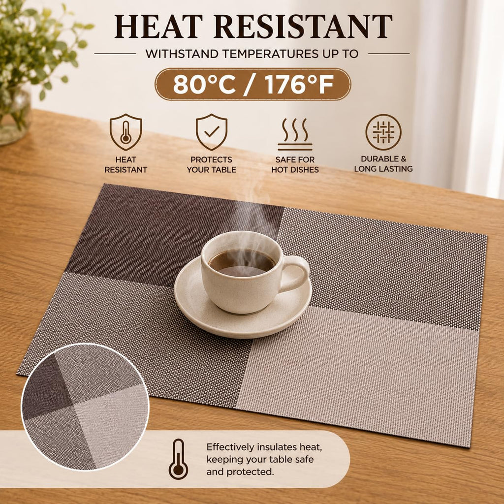 HUPLA Dining Table Placemats Premium Woven-Style PVC Table Mats for Dining, Kitchen & Home | Non-Slip, Flexible & Easy to Clean – Brown & Beige