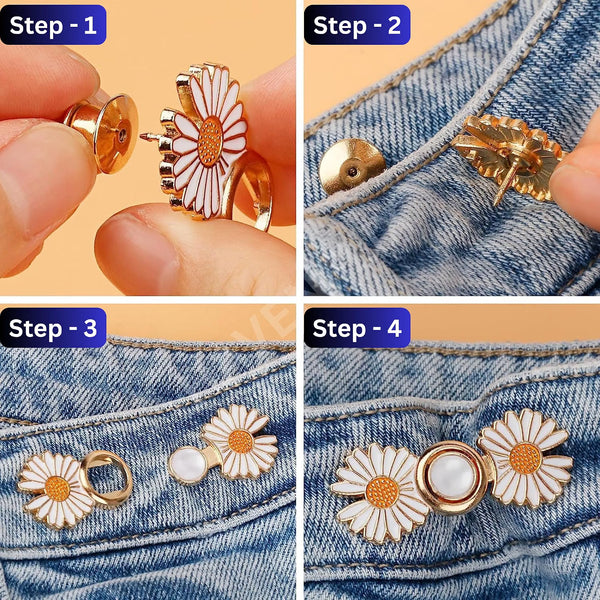 Daisy Flower Jeans Waist Button Set – Black & White Decorative Adjustable Waist Buttons for Jeans, Pants & Skirts | Pack of 2