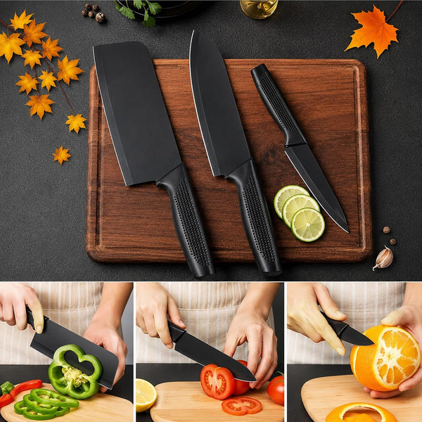 HUPLA 3-Piece Stainless Steel Kitchen Knife Set | Black Coated Cleaver, Chef Knife & Paring Knife with Ergonomic Non-Slip Handles | Multipurpose Vegetable, Fruit & Meat Cutting Knives