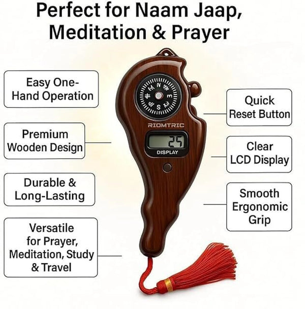 Digital Tally Counter with Compass | 4-Digit Electronic Finger Click Counter for Mantra Jaap, Prayer, Meditation, Yoga & Daily Counting | Portable Handheld Digital Jap Counter with Wooden Finish