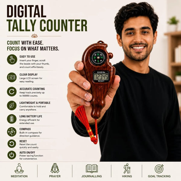 Digital Tally Counter with Compass | 4-Digit Electronic Finger Click Counter for Mantra Jaap, Prayer, Meditation, Yoga & Daily Counting | Portable Handheld Digital Jap Counter with Wooden Finish