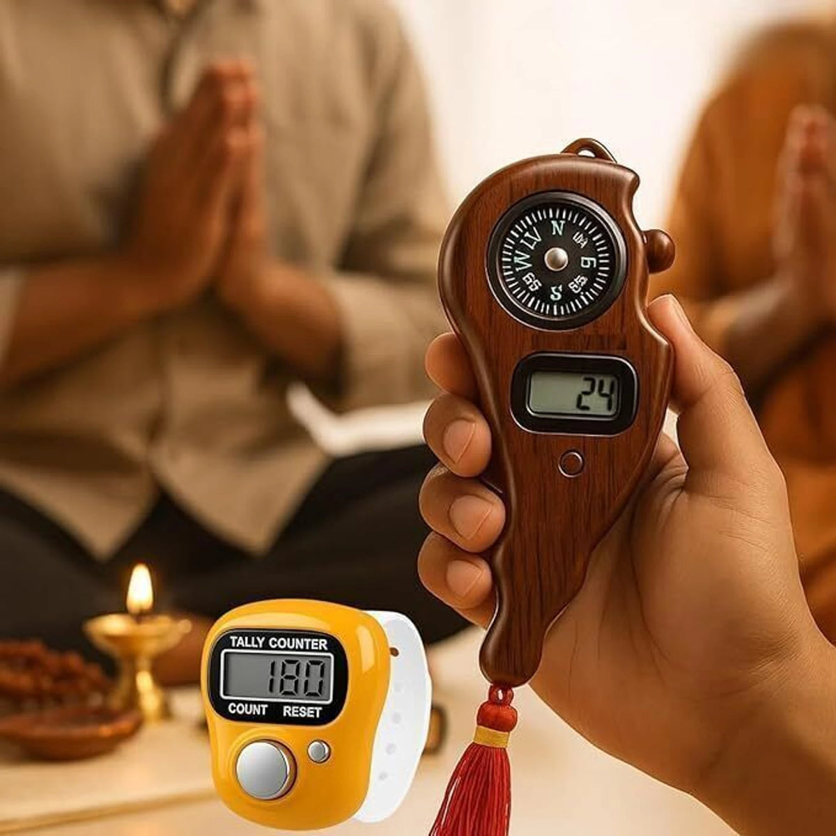 Digital Tally Counter with Compass | 4-Digit Electronic Finger Click Counter for Mantra Jaap, Prayer, Meditation, Yoga & Daily Counting | Portable Handheld Digital Jap Counter with Wooden Finish