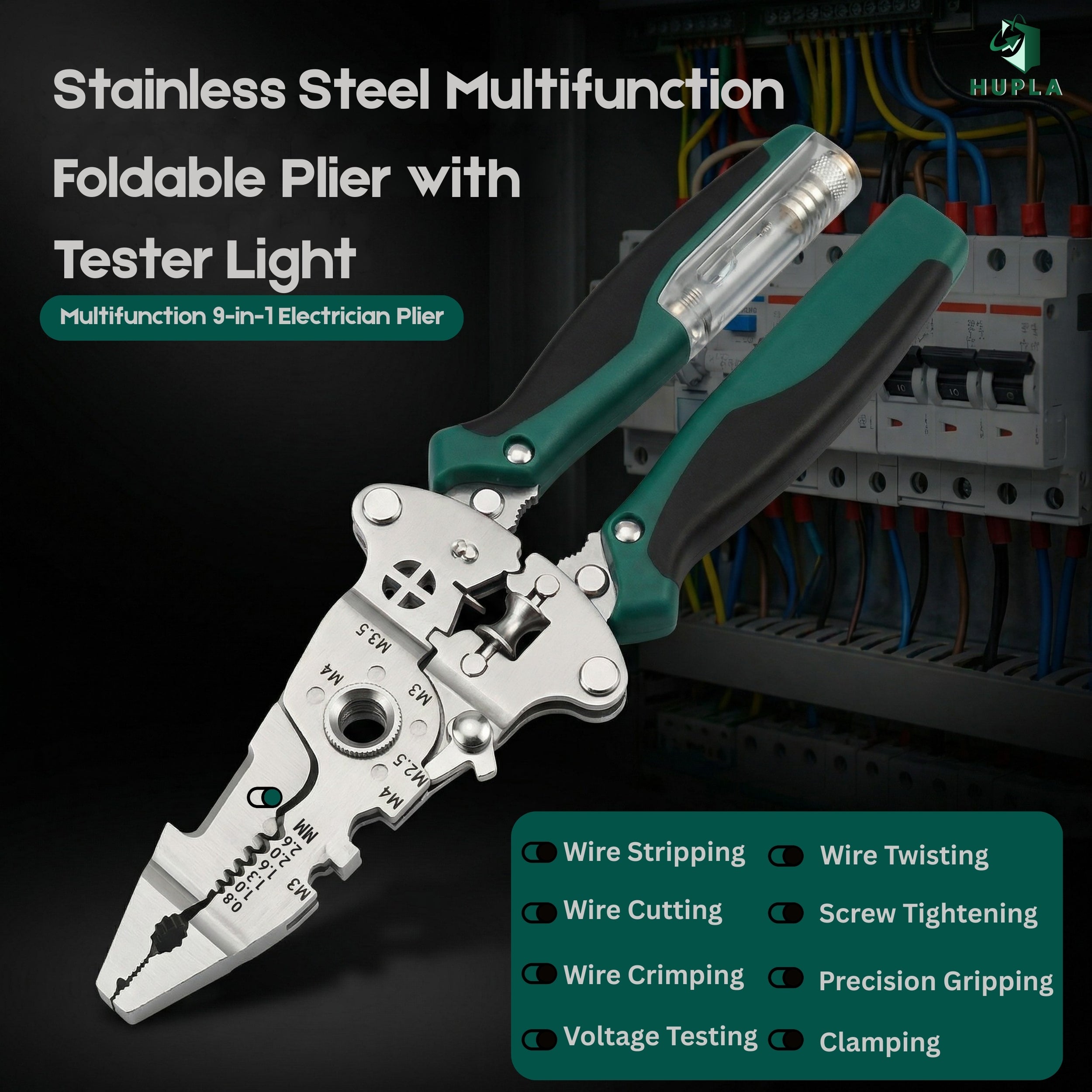 9 in 1 Multifunction Wire Stripper Plier with Electric Test Pen | Foldable Combination Tool for Electricians